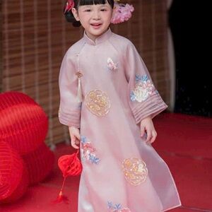 ao dai girl, Vietnamese modern long dress set 
 3 9 10 12 pink Tết new year cute